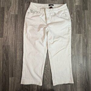Earl Jean White Embellished Cropped Jeans Women’s Size 12 Floral Rhinestones